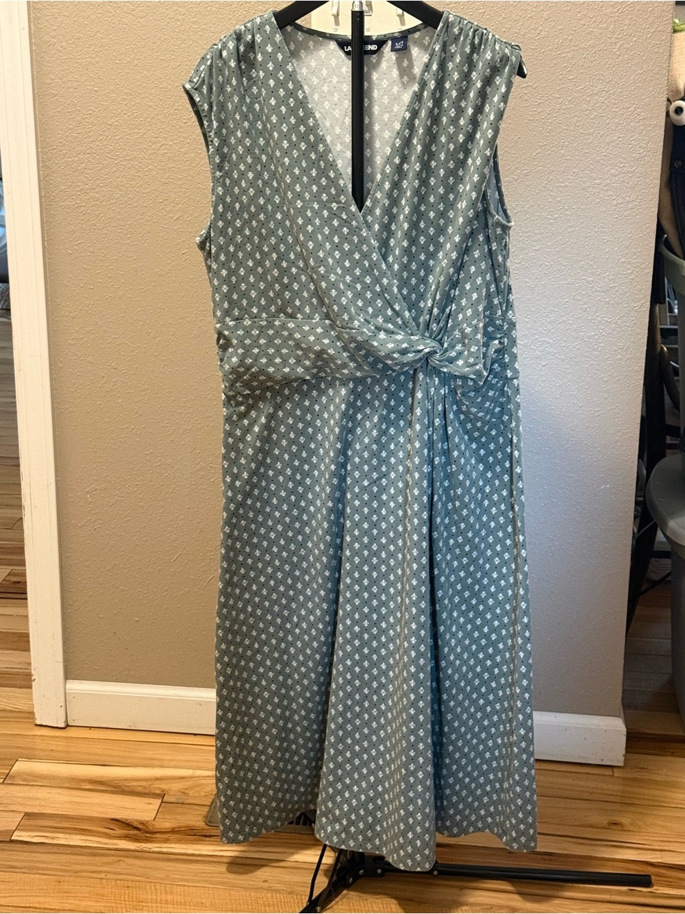 Lands' End Green/Navy twist Knot-Front knee length Dress-LT